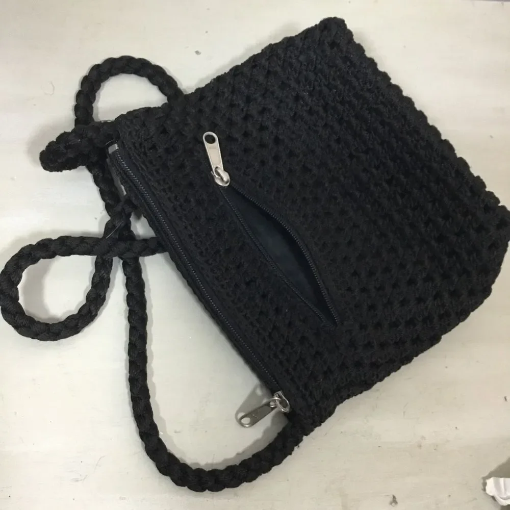 Lina black crochet crossbody or shoulder bag with plaited strap and pockets